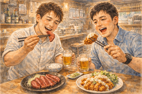 あか牛とチキン南蛮を食べる男性