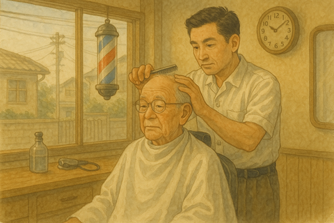 理髪店で散髪してもらうおじいちゃん