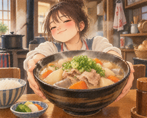 具だくさん豚汁提供する女性
