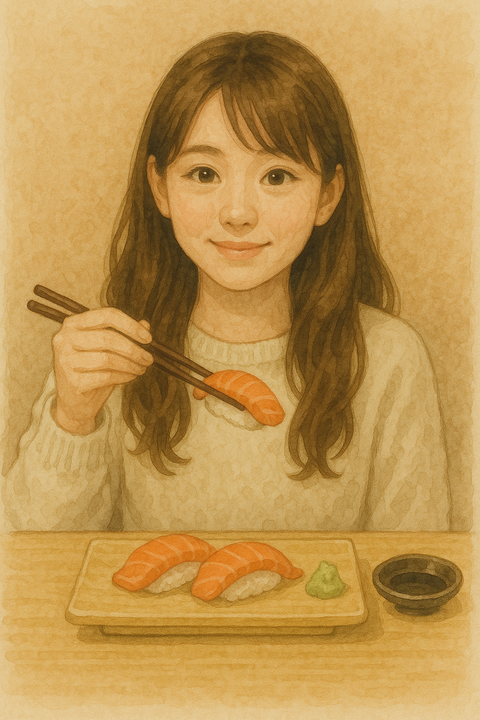 すし屋でサーモンを食べる女性