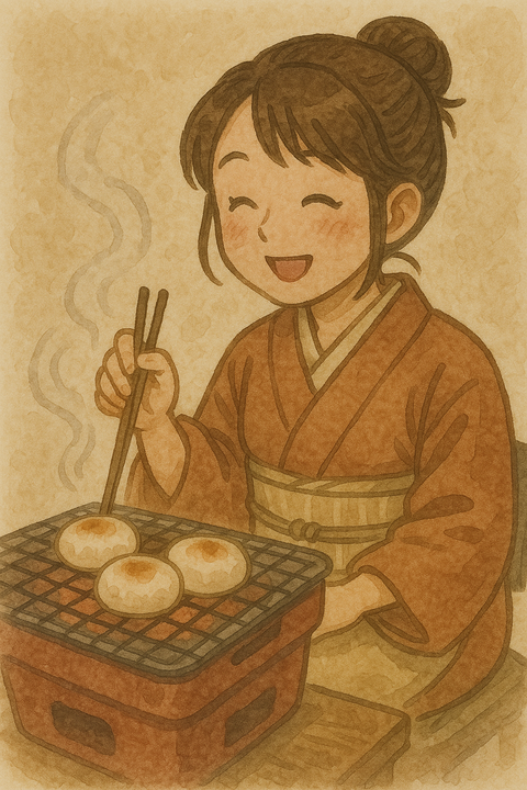 餅を焼く嬉しそうな女性