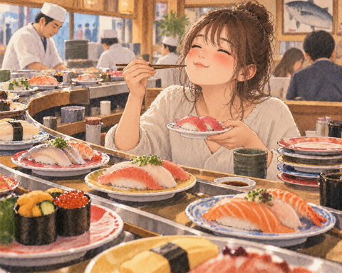 おいしい回転ずし食べる女性