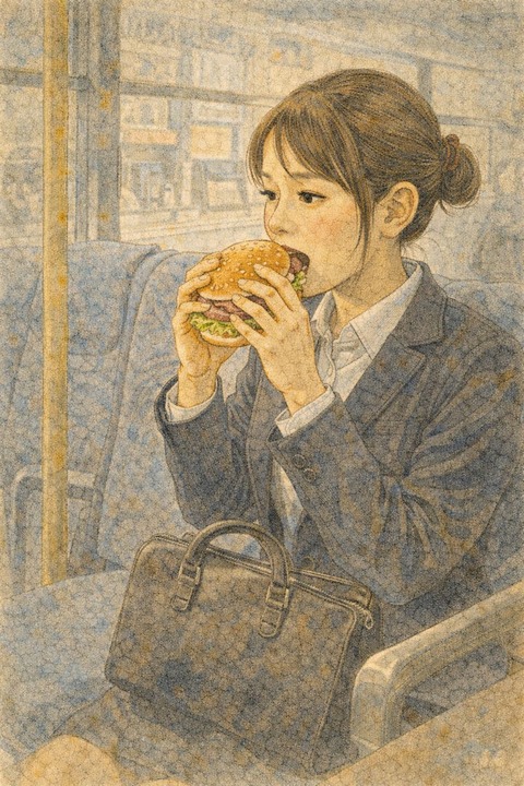 バスでランチタイムの女性