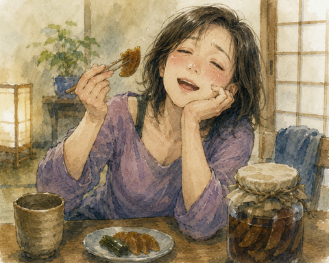 奈良漬を食べて酔っぱらう女性