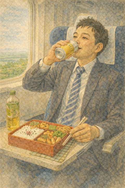 新幹線の席でビールを飲みながら駅弁を食べるサラリーマン