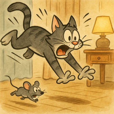 部屋にネズミ逃げる猫