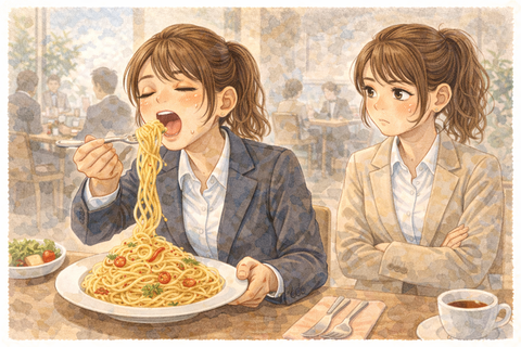 大盛りペペロンチーノを食べる女性