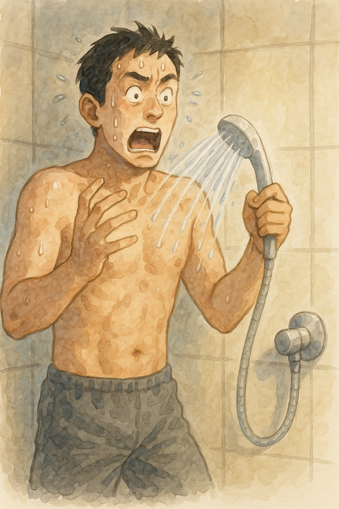 シャワーが熱くてびっくりする男性