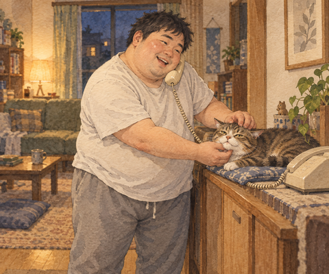 電話しながら猫を撫でる男性