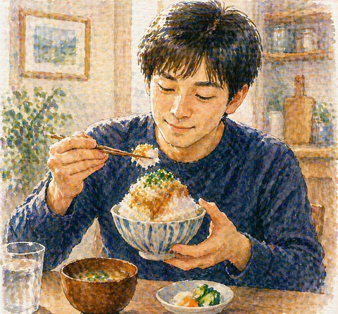 ランチに大根おろしがけご飯を食べる男性