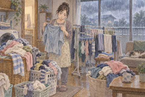 雨が続いて洗濯物がたまる 困る女性