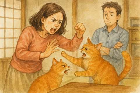 猫と喧嘩する妻