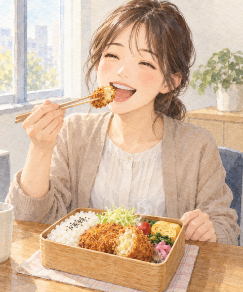 コロッケ弁当を食べる女性