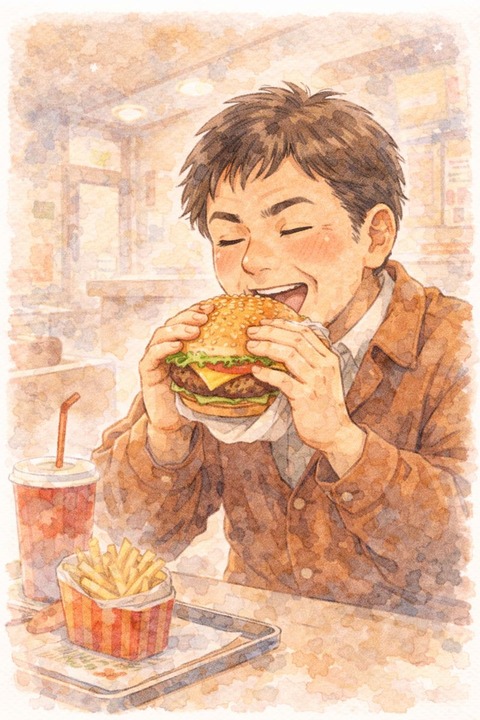 ハンバーガーを食べる中年男性