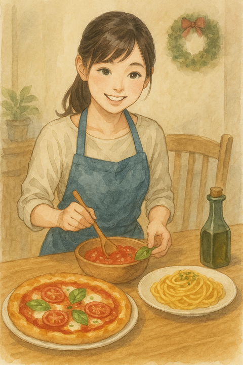 イタリア料理を作る奥さん