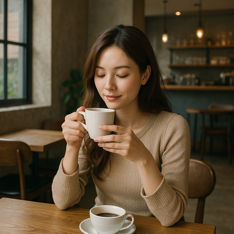 オシャレなカフェでコーヒーを飲む女性