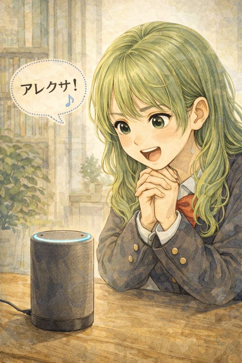 アレクサに話しかける緑の髪の女子高生
