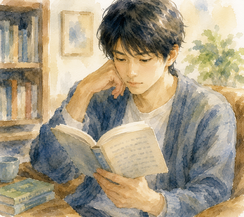 小説を読む男性