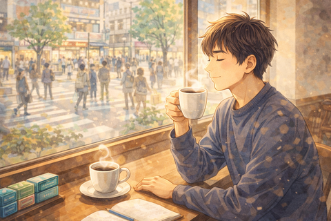 カフェでコーヒーを飲む男性