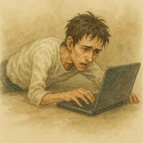 体調が悪そうな男性が必死にパソコンを操作
