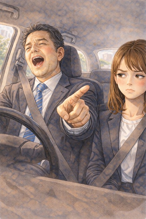 車内で歌う男性上司と嫌そうな女性部下