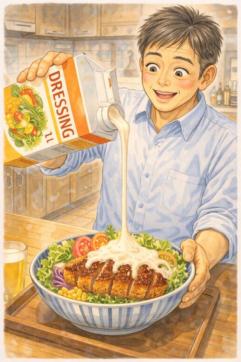 ドレッシングをサラダにかける男性