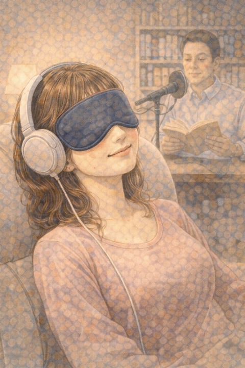アイマスクして朗読を聞く女性