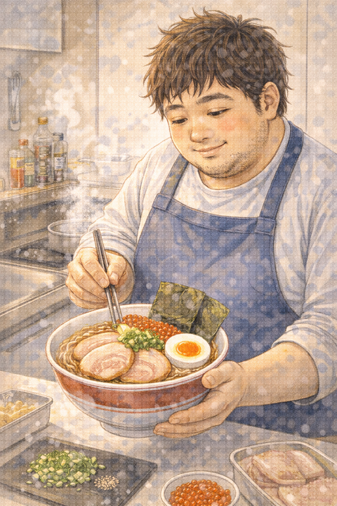 自宅で豪華なラーメンを作る男性