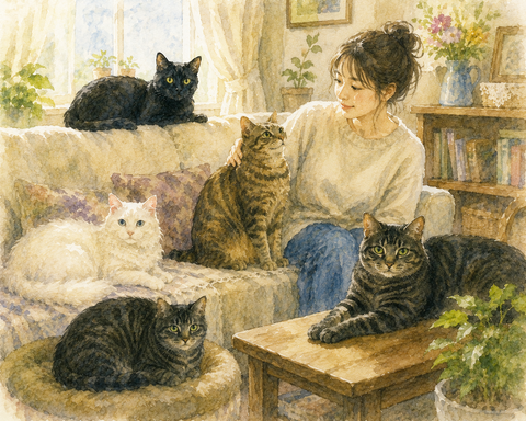 女性宅にいる猫5匹