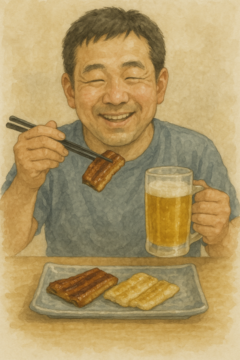 ウナギのかば焼きと白焼きを食べる男性