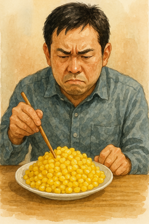 大量のコーンを食べるか迷う男性