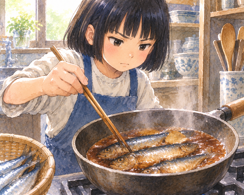 イワシを煮付けをつくるおかっぱ頭女子