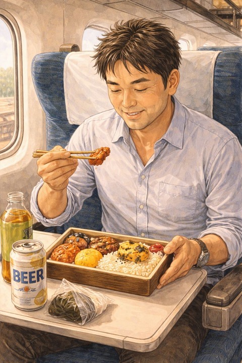新幹線で弁当を食べる男性
