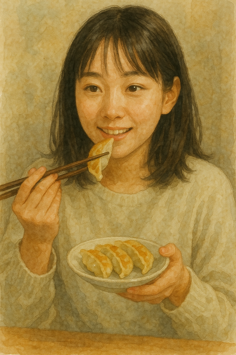 餃子を食べる女性