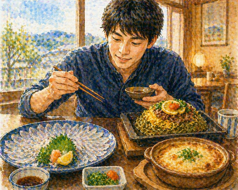 ふぐと瓦そばと焼きカレーを食べる旅行中の男性