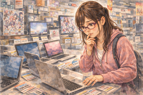 ノートパソコンを選ぶオタク女