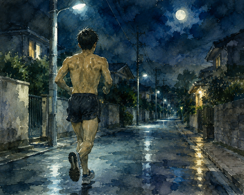 深夜の住宅街でランニングする男性の後ろ姿