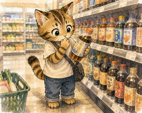 めんつゆを選ぶねこすけ