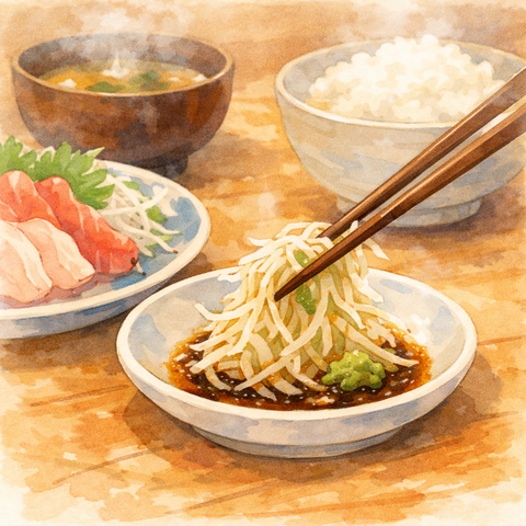 わさび醤油で刺身のツマを食べる