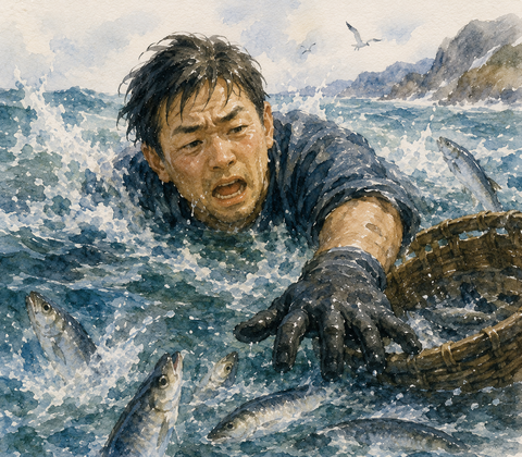 海に入ってニシンを取る男性