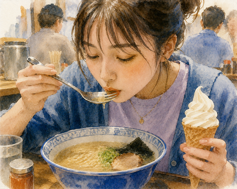 ラーメンスープを飲む女性