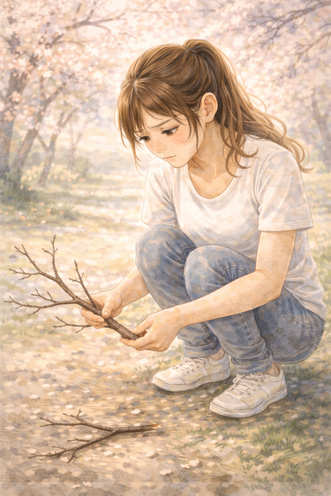 桜の枝を拾う女性