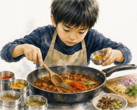 スパイスカレー作りをする小学生男子