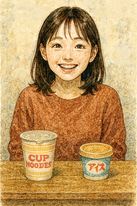 カップラーメンとカップアイスを机に並べて嬉しそうな女性