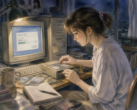 パソコンでCDをリッピングする女性