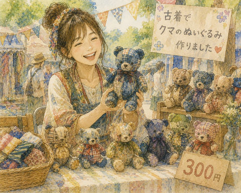 クマのぬいぐるみ作って販売する女性