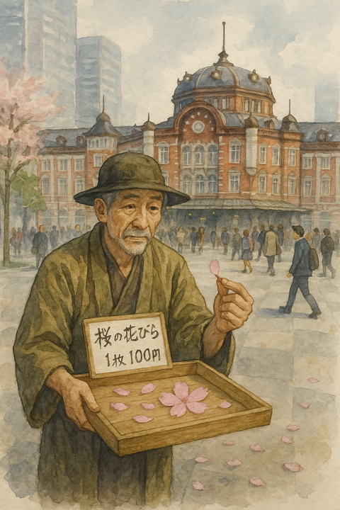 桜の花びらを一枚ずつ売る商人