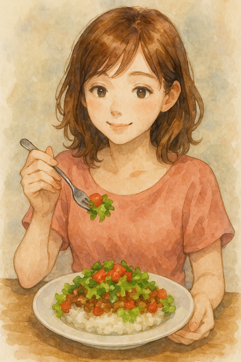 シシリアンライスを食べる女性