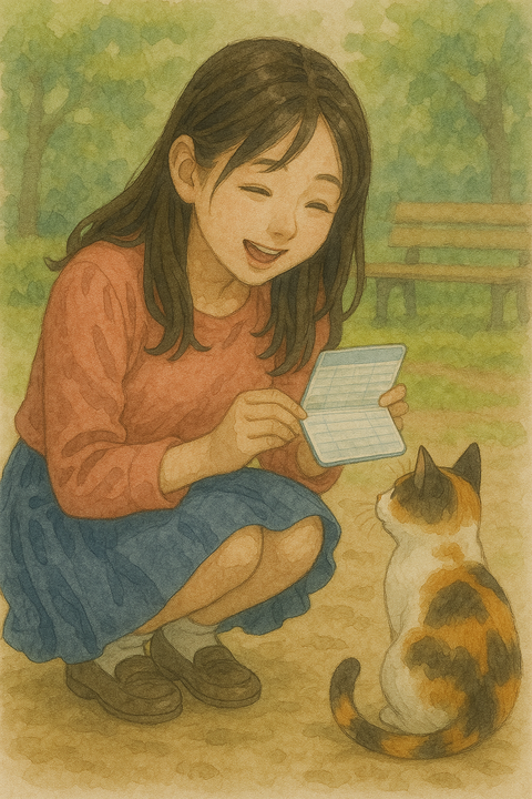 公園の野良猫に通帳を見せる女性