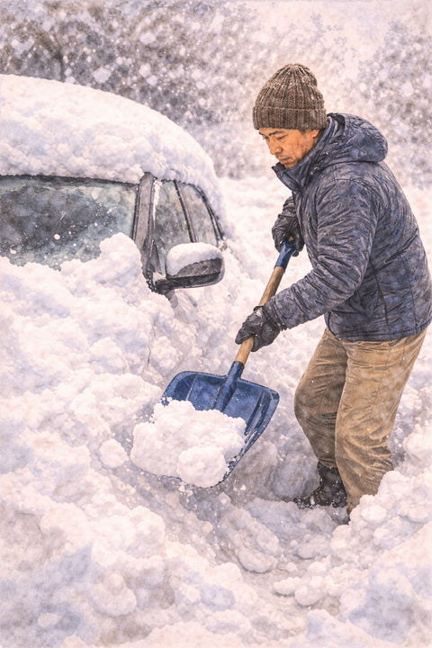 雪に埋まっている自動車スコップで雪かきする男性